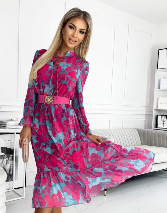 Piękna sukienka długa r. 40 Fuksja-turkus  Fashion