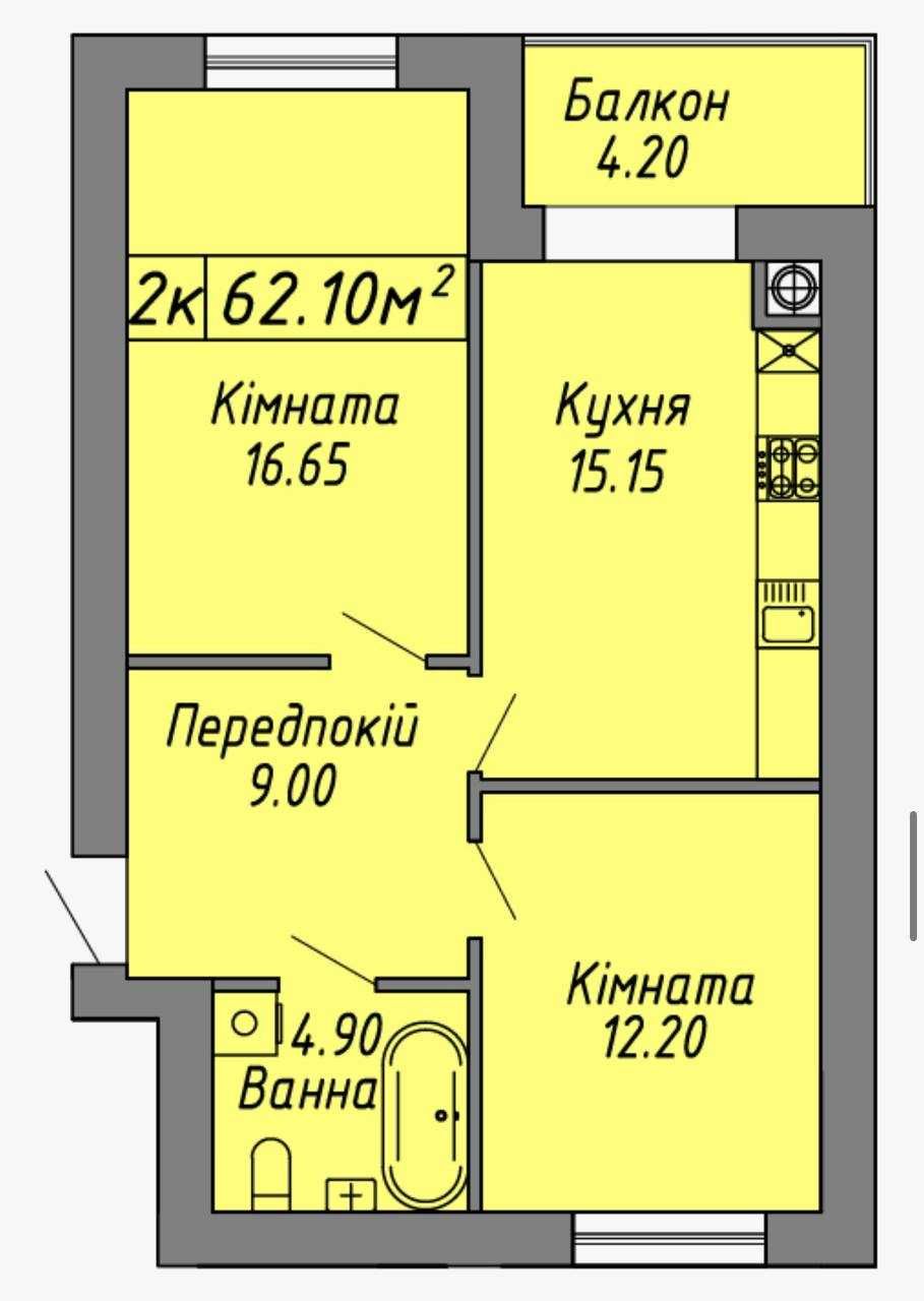 Двокімнатна квартира у центрі з гарним плануванням