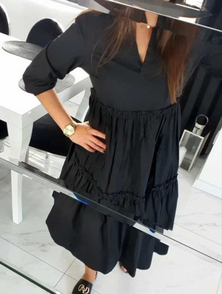 Reserved czarna dluga maxi midi sukienka boho falbany bawelna M/L