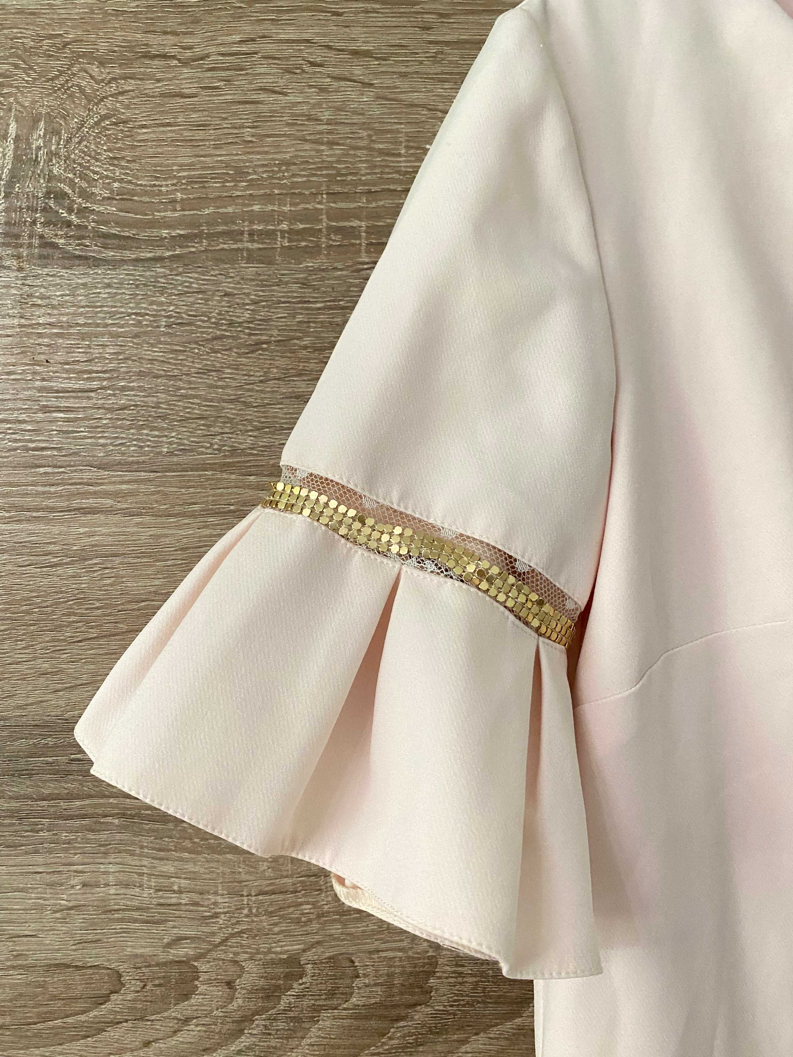 Trapezowa sukienka elegancka różowa z podszewką M falbanki
