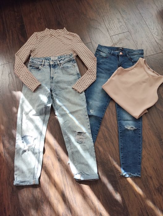 Zara, Terranova, Sinsay komplet spodnie jeansy plus body Nowe 36