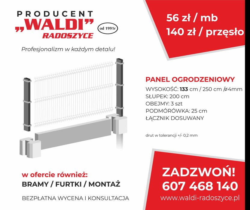 Ogrodzenie Panelowe h-133 fi 4 / + 25cm podmurówka zestaw  / WALDI