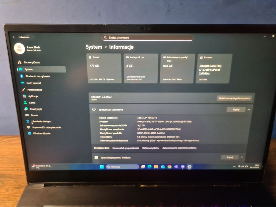 Laptop Razer Blade 15 i7-9750H 16GB RAM RTX2070 Max-Q SSD 512GB
