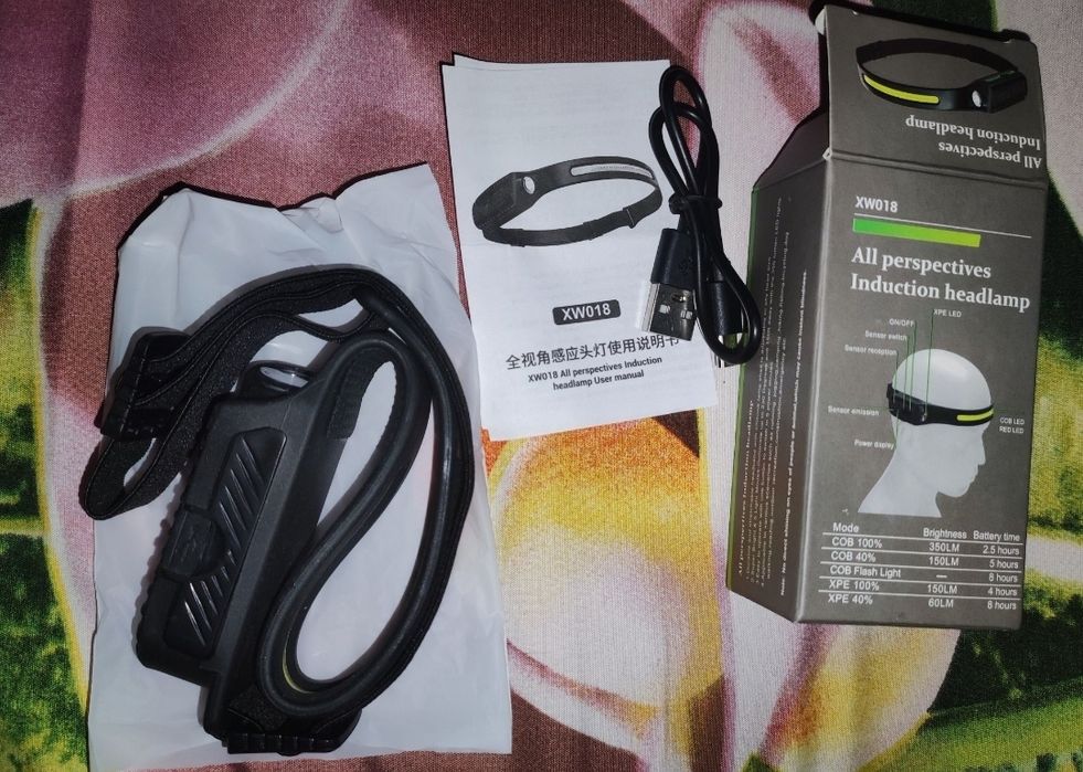 Налобный фонарик на акб,4 режима,датчик движения