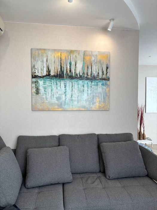 Картина 120х60, абстракция, закат, поталь, золото, холст, акрил