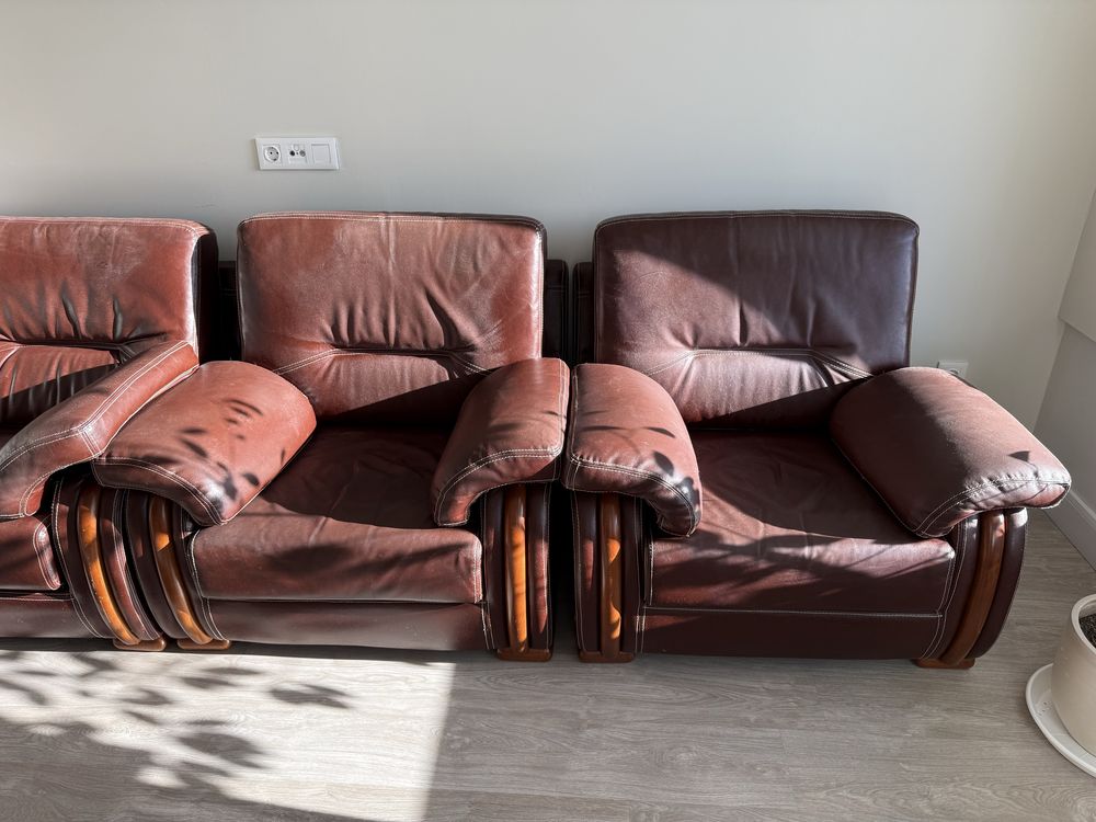 Sofas em pele com estrutura de madeira