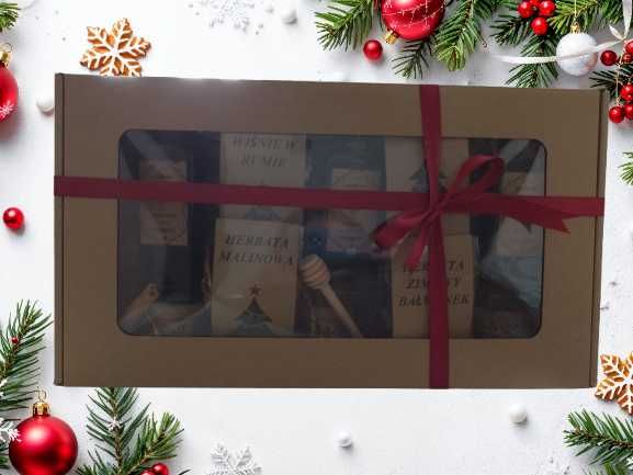 Duży zestaw prezentowy 4 herbaty,2x konfitura,3 razy sok, miód,czerpak