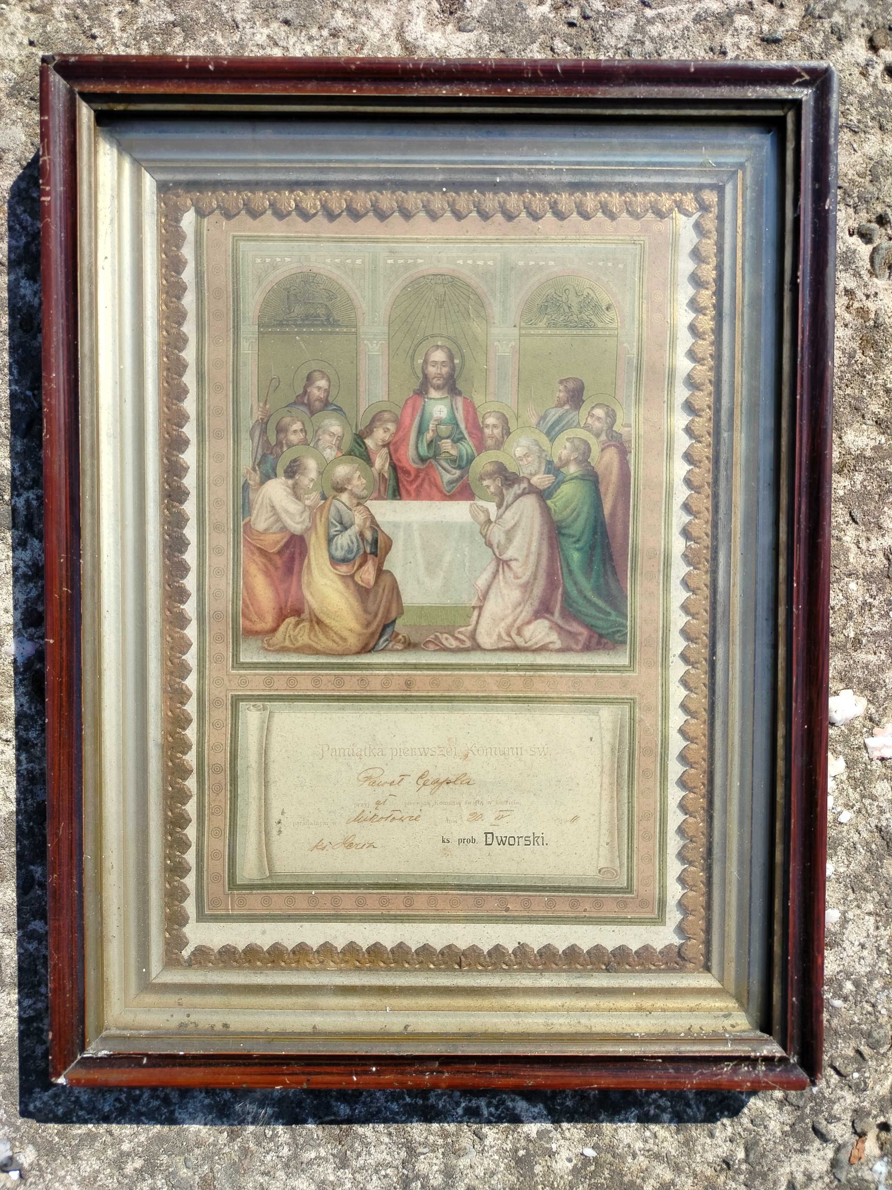 Obraz religijny rama podwójna stara Mikołów pamiątka komuni