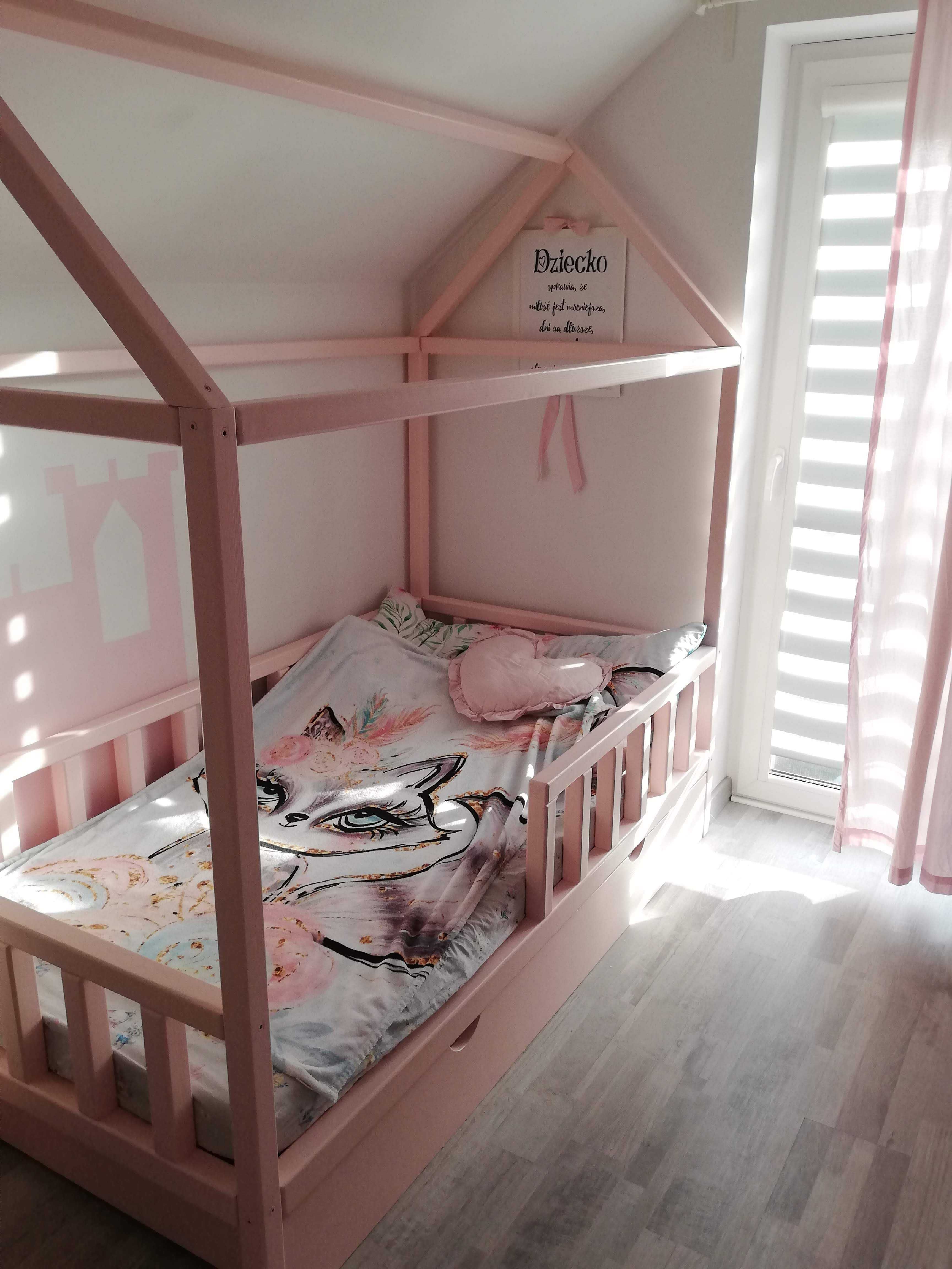 łóżko drewniane, z szufladą, dziecięce, domek, różowe 100x190