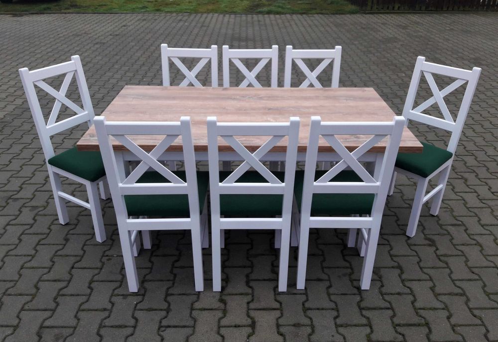 Stol 185/244x95+8 krzesel krzyzowe biale+blat drewno retro
