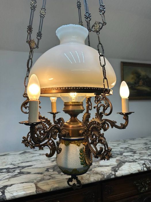 Антикварна голандська люстра бронза порцеляна 7458