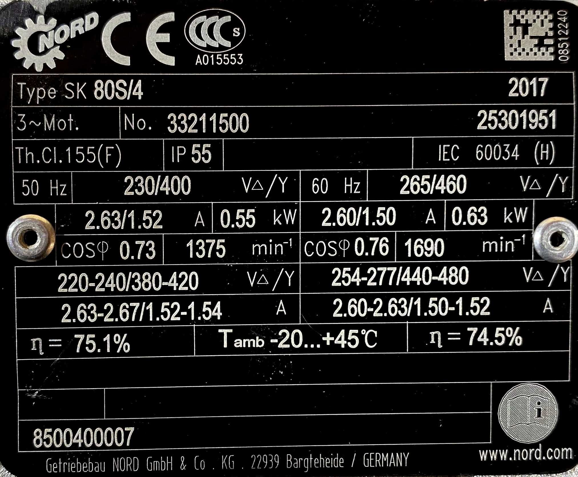 silnik elektryczny 0,55kW 1375obr. 3fazowy NORD do reduktora