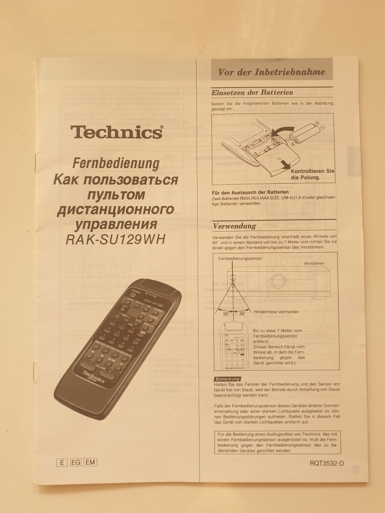 Technics RAK-SU129WH instrukcja obsługi nadajnika zdalnego sterowania