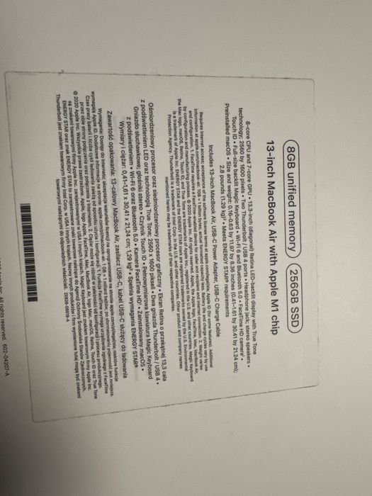 MacBook Air m1 Pamieć 8GB Dysk 256Gb