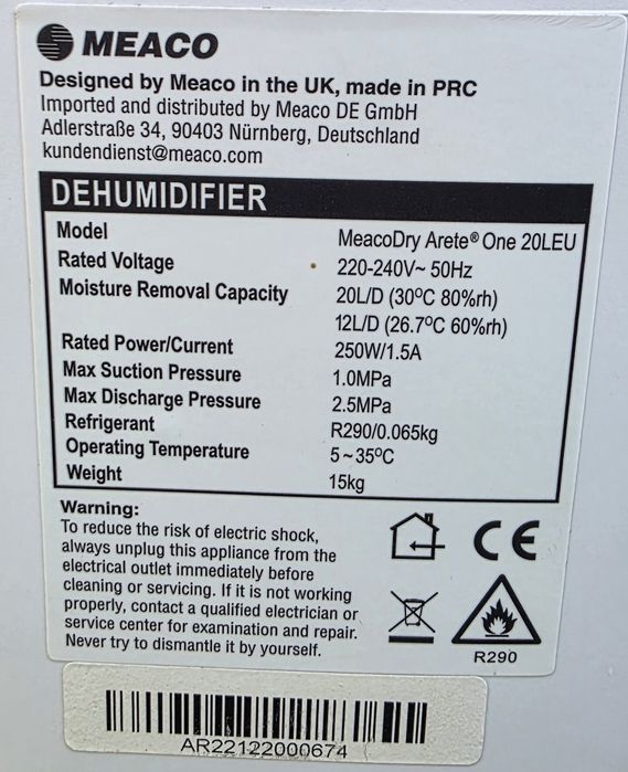 Осушувач повітря Meaco Dry Arete One 20L бу як новий