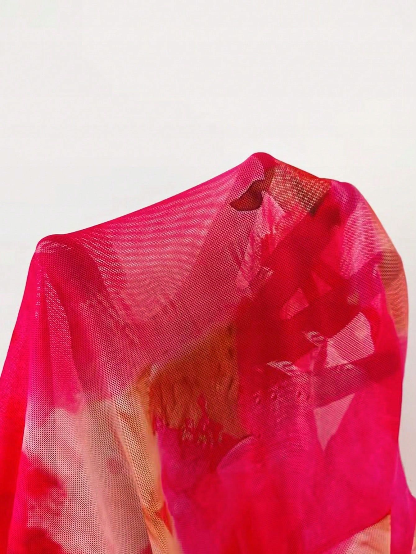 Top Sexy Siateczkowy Marszczony Tie Dye Różowy Shein M 38