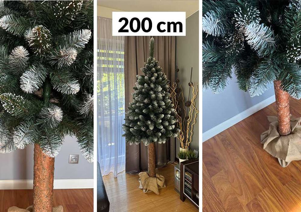 Choinka sztuczna na pniu 2 m 200 cm OŚNIEŻONA Sosna diamentowa GĘSTA