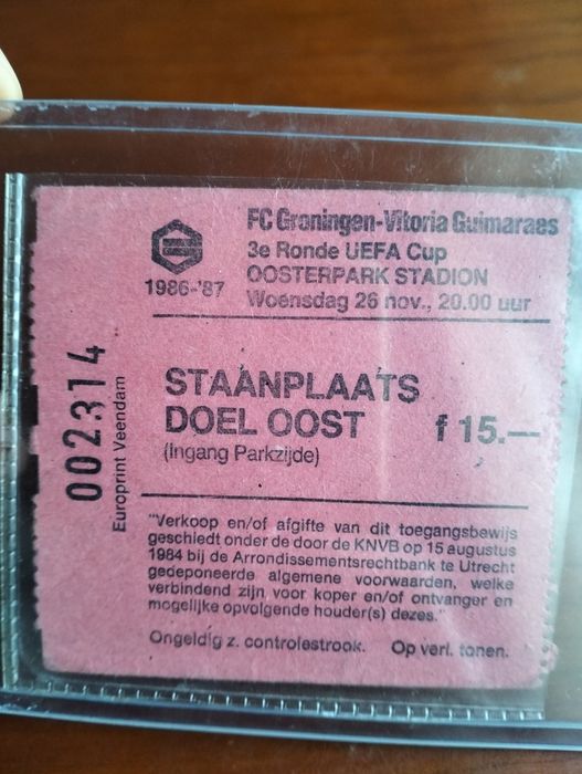 Antigo bilhete Groningen x Vitória SC 1986