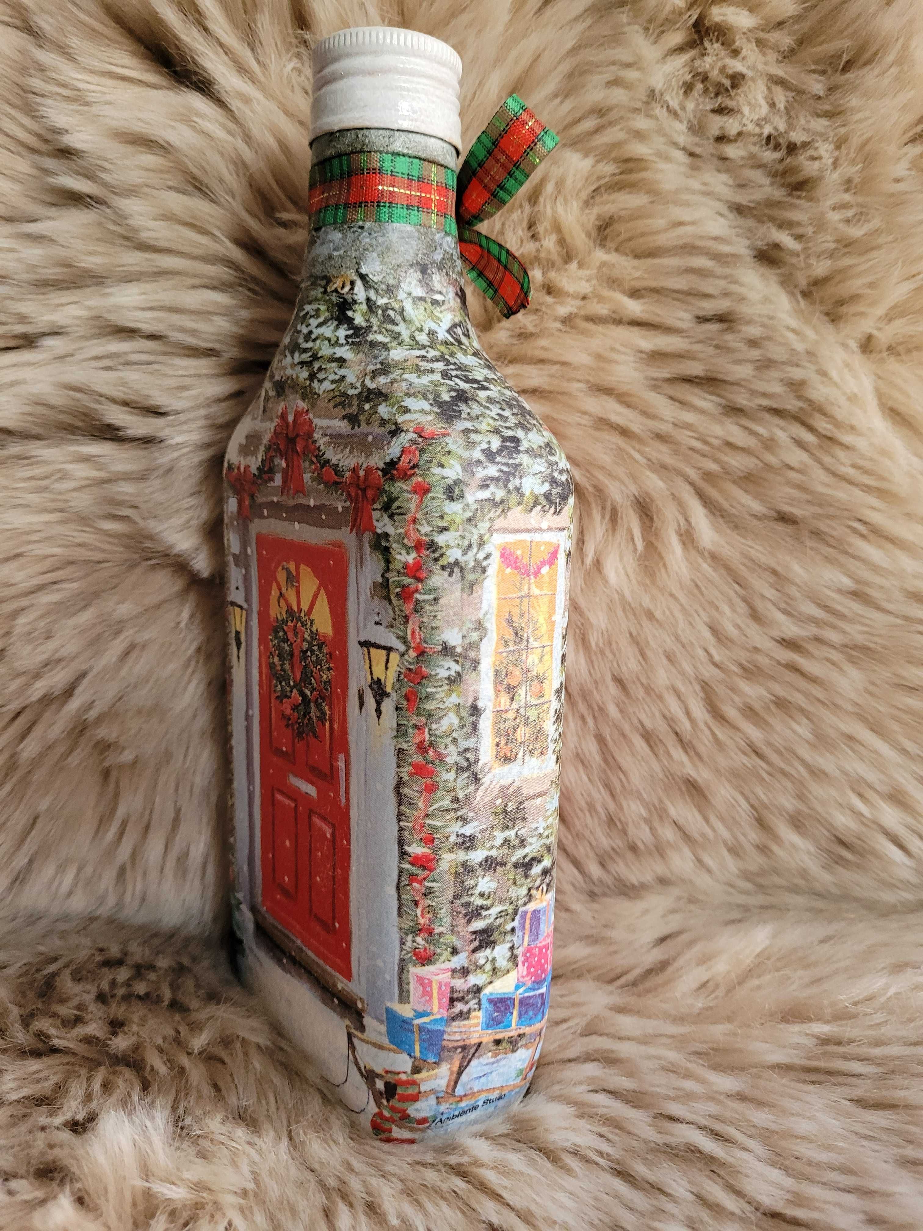 Szklana butelka - motyw świąteczny - dekoracja decoupage