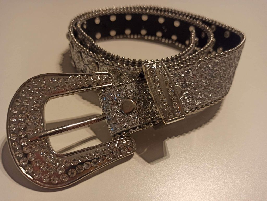 Pasek belt Y2K srebrny damski z kryształkami cekinami