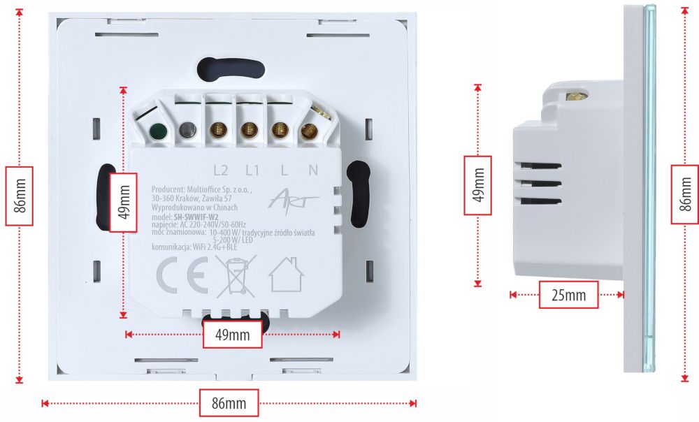 Dotykowy włącznik światła WiFi ART szklany pojedynczy szary smart home