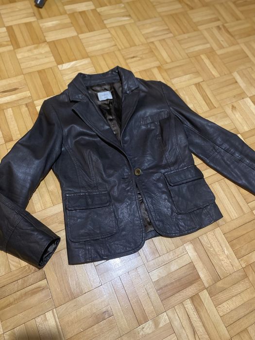 Skórzana damska czekoladowa kurtka, marynarka, żakiet Oasis rozm.36