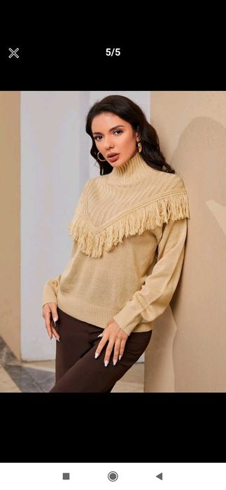 Nowy sweter damski Boho beżowy oversize z frędzlami ciepły 36 golf