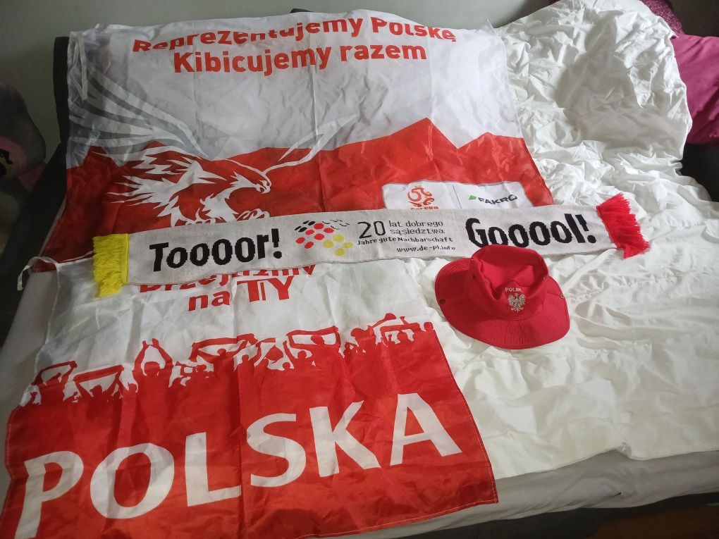Zestaw kibica - szalik, czapka i 2x flaga - Polska, kibic, Euro 2024
