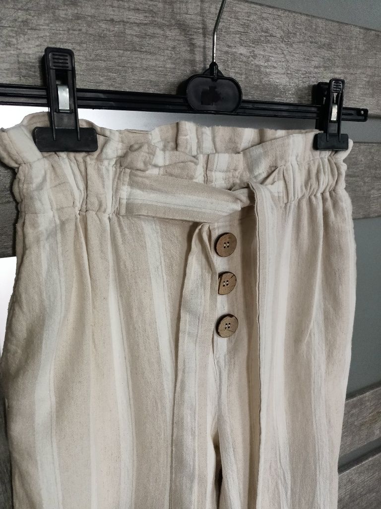 Drewniane guziki len spodnie paski kieszenie guma scandi slow Boho
