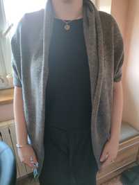 Długi szary sweter damski z wełny owczej  krótkie rękawy rozmiar M