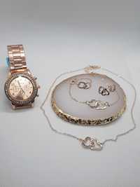 Conjunto relógio, colar, pulseira, brincos e anel