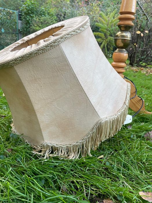 Lampa podłogowa stojąca drewno+mosiądz abażurem skóra VINTAGE komplet