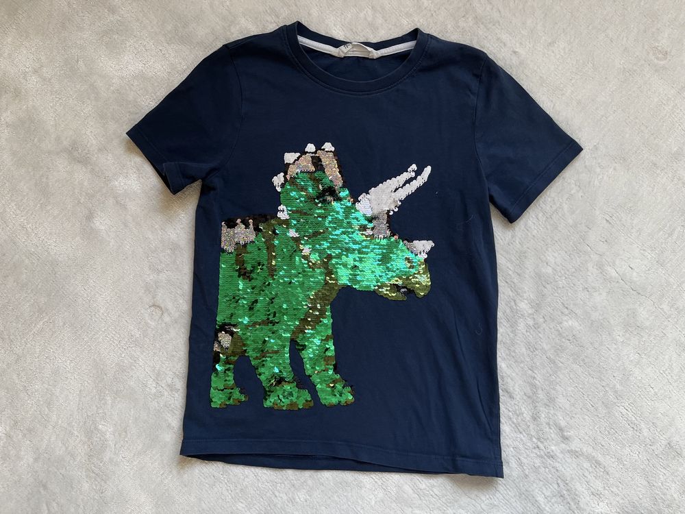 H&M granatowy t shirt z dinozaurem cekiny 134/140 9/10 lat