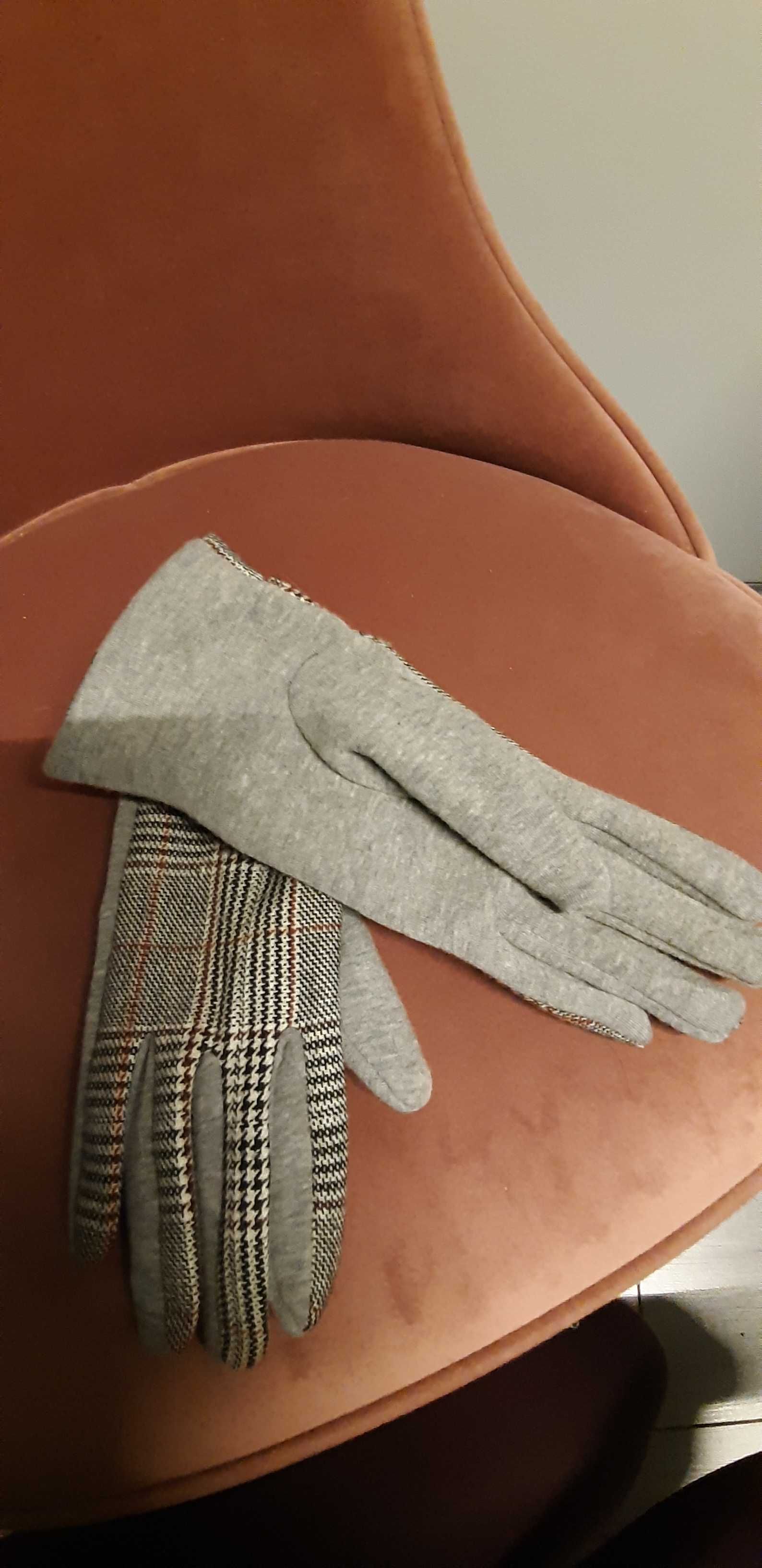 Materiałowe rękawiczki Moraj szare kratka pepitka rozm S/M