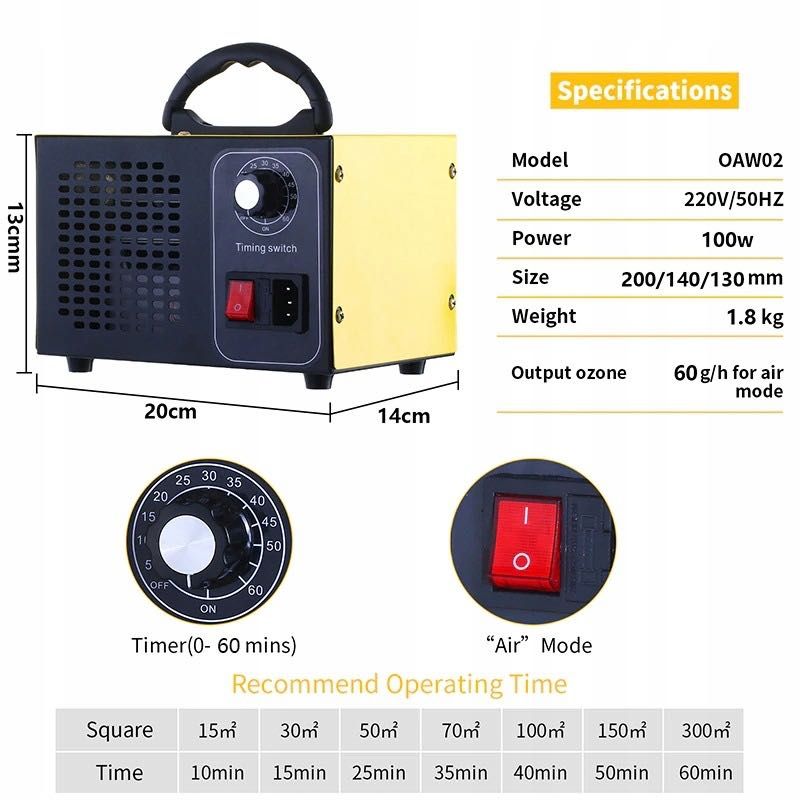 GENERATOR OZONU Ozonator 60G/H Timer B. Mocny 60G/H