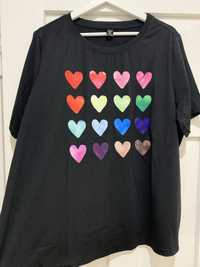 Modna bluzka damska t-shirt czarny nadruk serca rozmiar 48 nowa