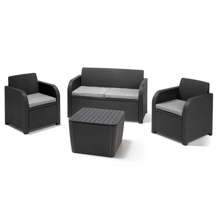 Komplet mebli ogrodowych 2 fotele + sofa + stolik ze schowkiem