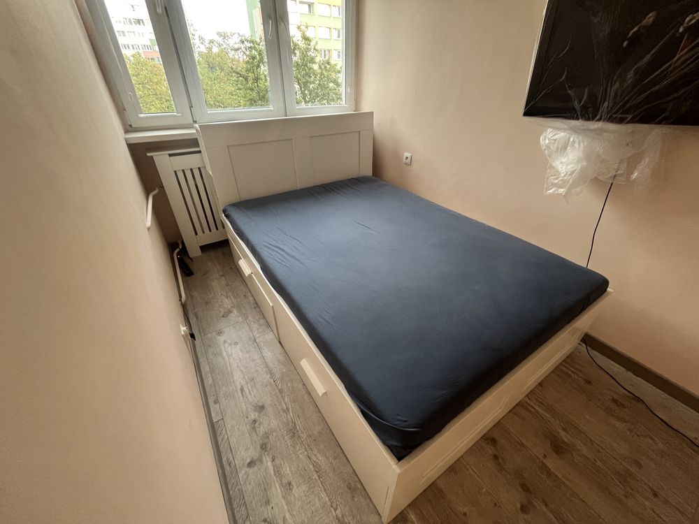 IKEA BRIMNES łóżko, zagłówek, biały/Lönset, 140x200 cm + materac