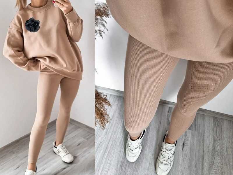 Komplet bawełniany bluza oversize z broszką + legginsy prążek
