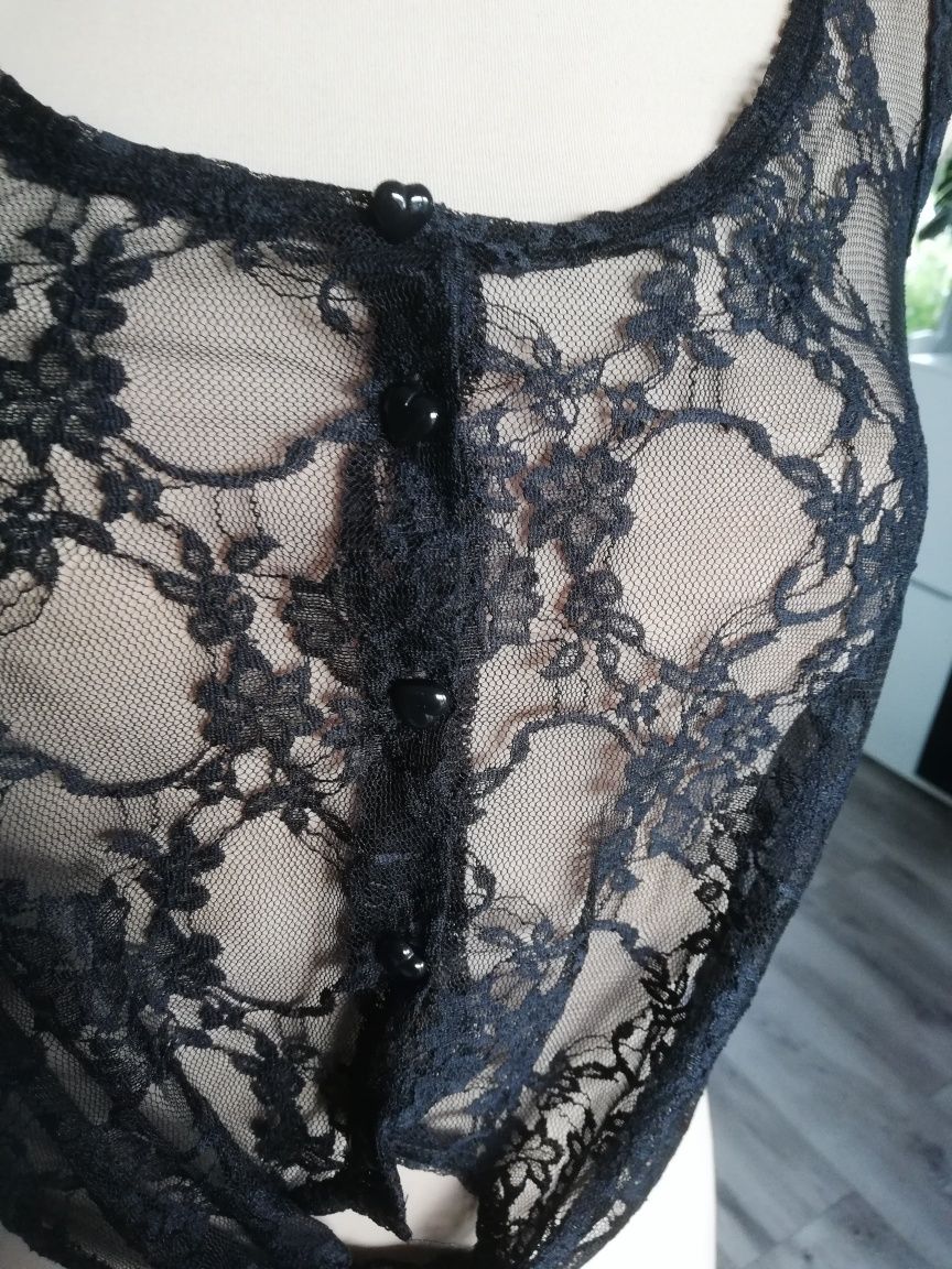 R. 40 New look czarny koronkowy wiązany top odkryty pępek