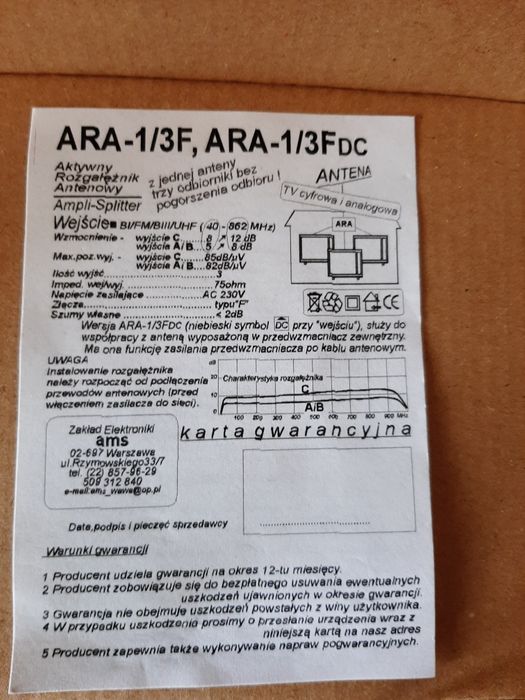 Rozgałęźnik antenowy wzmacniacz ARA 1/3 F z zasilaczem AWS-143M