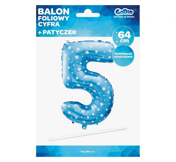 Balon foliowy "Cyfra 5", niebieska w gwiazdy, 61 cm, urodziny, gwiazdk