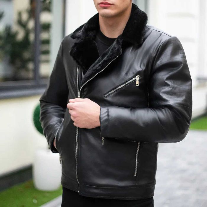 Куртка мужская кожаная зимняя с мехом V6 до -15°С черная косуха