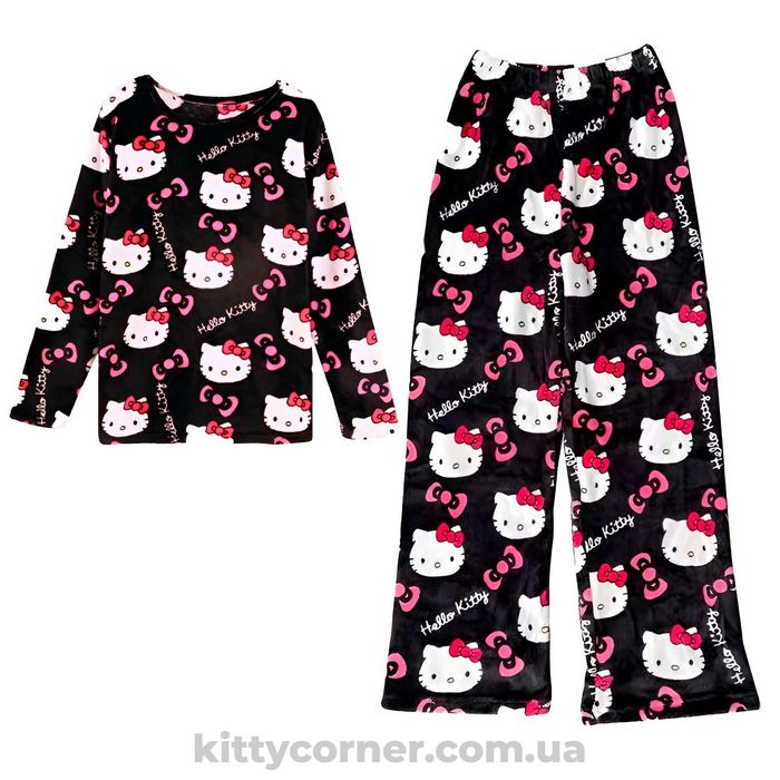 Плюшева жіноча піжама Hello Kitty піжама хелоу кіті кітті чорна