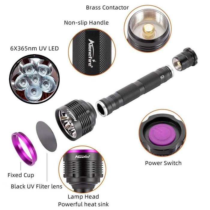 Latarka UV AloneFire SV56 30W 6 x365nm ultrafioletowa czarny klosz