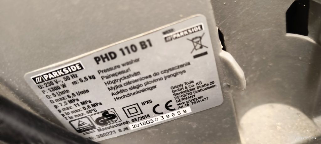 Myjka ciśnieniowa Parkaside PHD 110B1