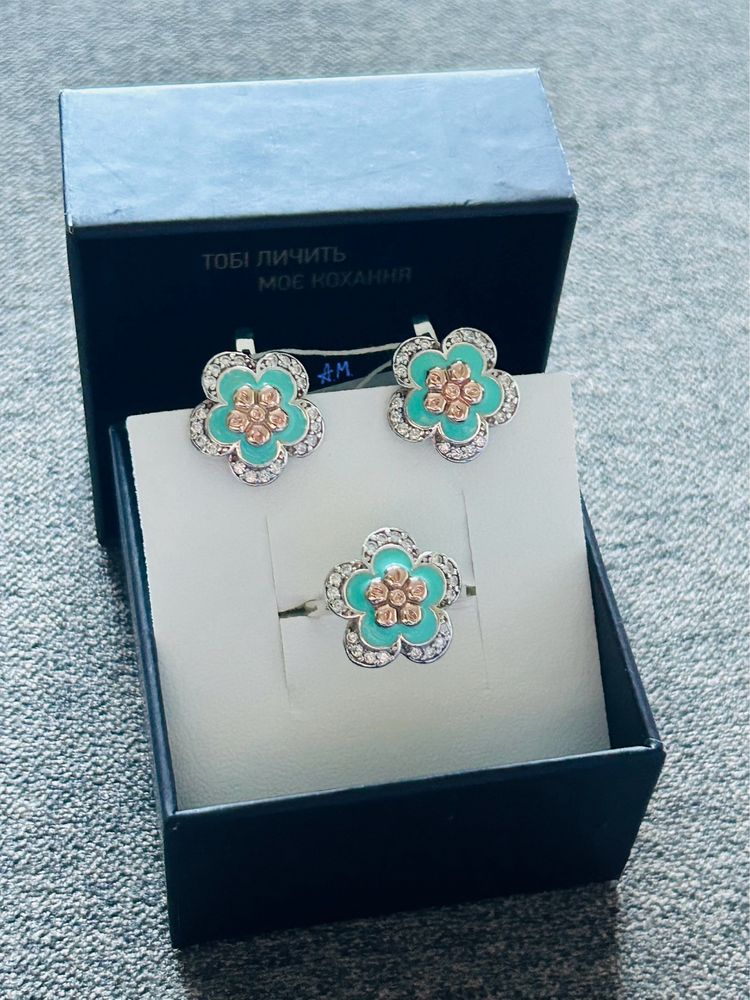 Сережки+каблучка срібло 925 золото 375 // серьги+кольцо эмаль серебро
