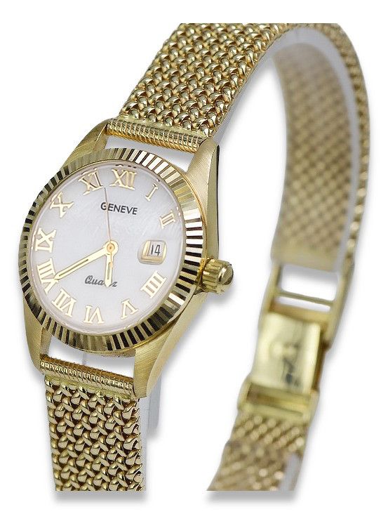Złoty zegarek damski 14k Geneve z perłową tarczą lw020ydpr&lbw003y Wr