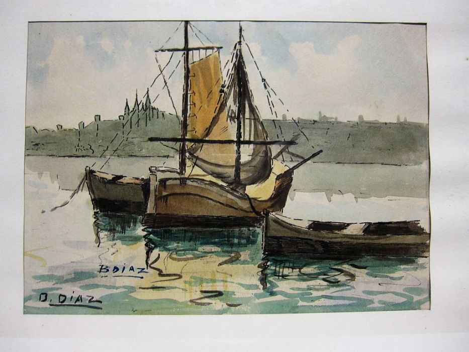 antiga aquarela - paisagem marítima - assinada B. Diaz