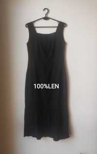 Czarna lniana sukienka  midi na podszewce, 100 % Len ,PABIA, rozmiar M